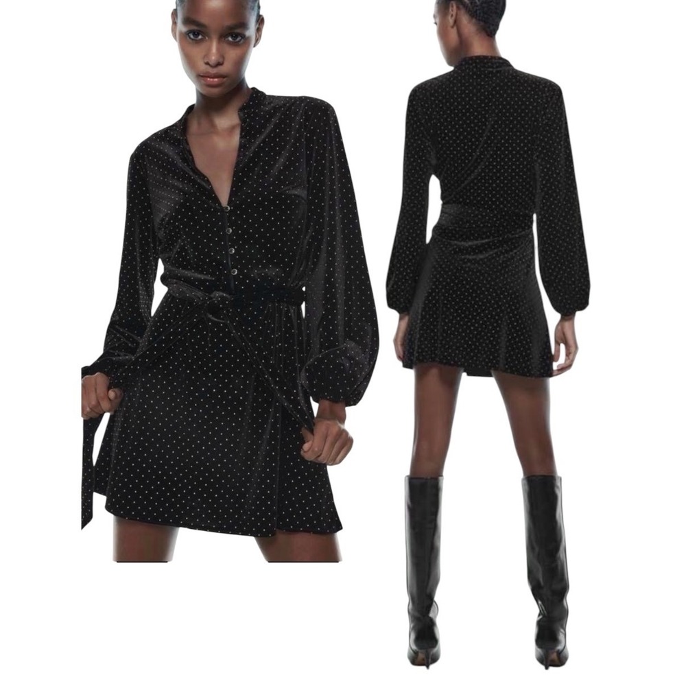 NWT Zara Black Velvet Mini Shirt Dress with Gold Micro Dot Studs Women's XS LBD